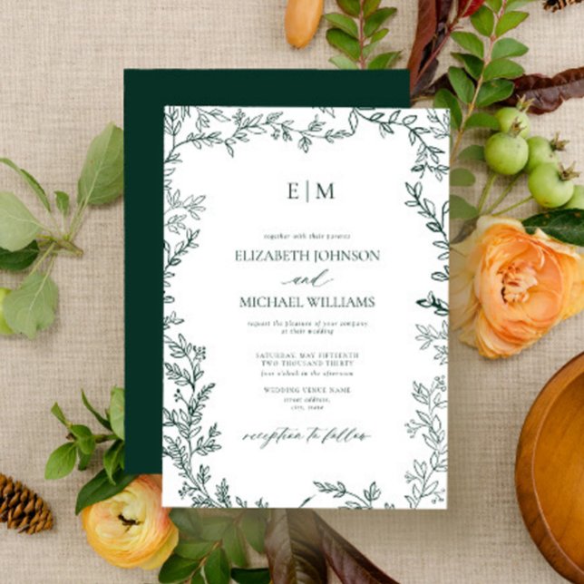 Elegant Leaf Emerald Green Monogram Wedding Einladung (Von Creator hochgeladen)