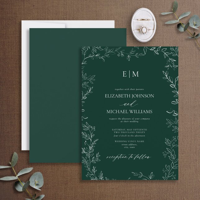 Elegant Leaf Emerald Green Monogram Wedding Einladung (Von Creator hochgeladen)