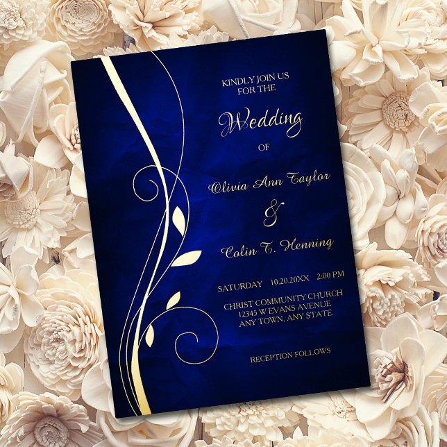 Elegant Leaf Swirl Deep Blue Wedding Folieneinladung (Von Creator hochgeladen)