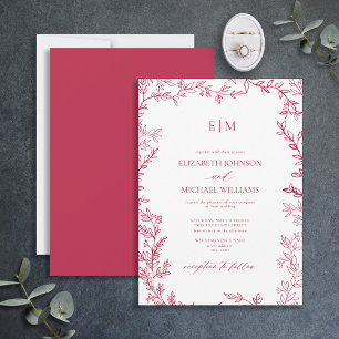 Elegant Leaf Vivid Magenta Monogram Wedding Einladung