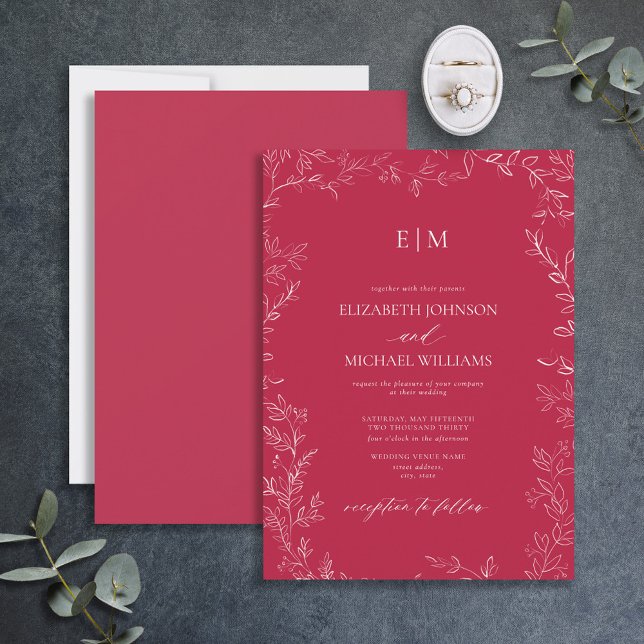 Elegant Leaf Vivid Magenta Monogram Wedding Einladung (Von Creator hochgeladen)
