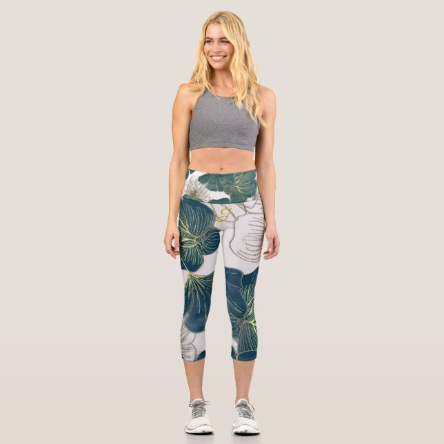 Elegant Leaves of Blue With Gold Lines Botanical Capri Leggings (Vorderseite)