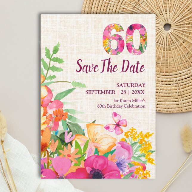Elegant Leinen 60. Geburtstag Blumengarten Save The Date (Von Creator hochgeladen)