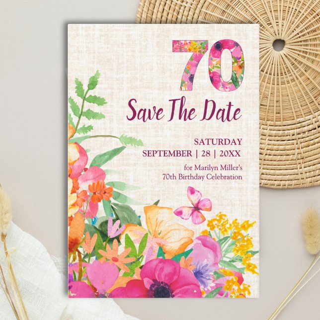 Elegant Leinen 70. Geburtstag Blumengarten Save The Date (Von Creator hochgeladen)