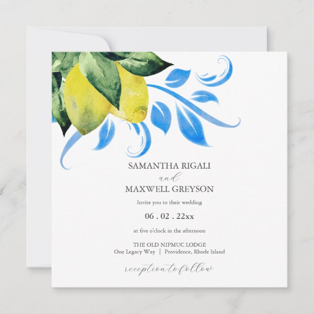 Elegant Lemon and Foliage Wedding  Einladung (Vorderseite)