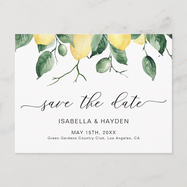 Elegant Lemon Fruit Watercolor Boho Save the Date Ankündigungspostkarte (Vorderseite)