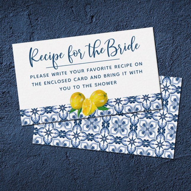 Elegant Lemon Italienisches Rezept für Blaue Tile Visitenkarte (A recipe request card to insert in your bridal shower invitation.)