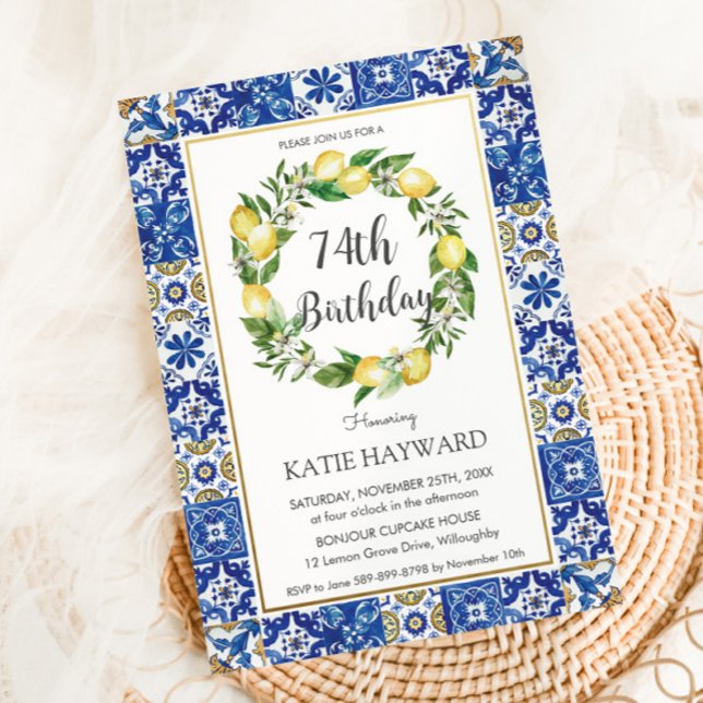 Elegant Lemon Mediterrane 74. Geburtstag jedes Alt Einladung (Von Creator hochgeladen)
