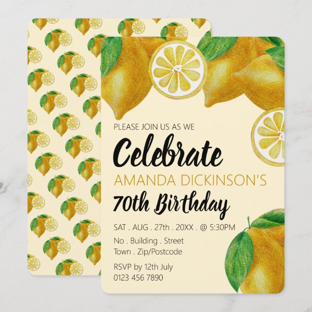 Elegant Lemon Sketch Birthday Einladung (Vorne/Hinten)