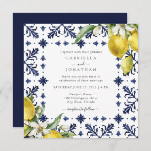 Elegant Lemon Watercolor Blue Tile Wedding Einladung