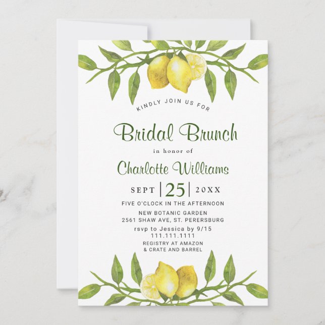 Elegant Lemons Watercolor Greenery BRIDAL BRUNCH Einladung (Vorderseite)