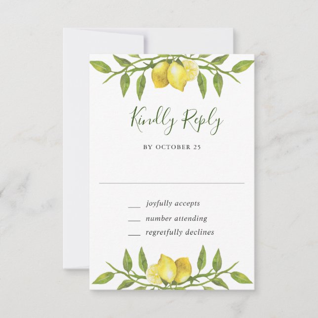 Elegant Lemons Watercolor Grüne Hochzeit RSVP Karte (Vorderseite)