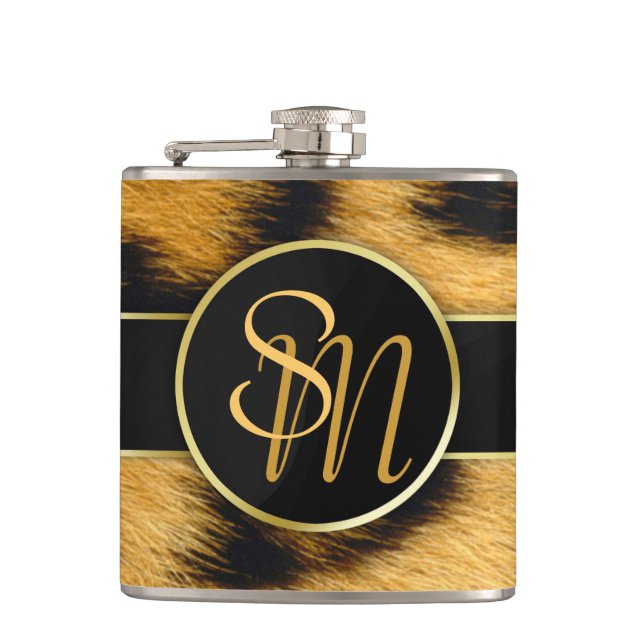 Elegant Leopard Print Monogram Script Vinyl Flask Flachmann (Vorderseite)