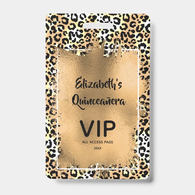 Elegant Leopard Quinceañera Einladung VIP Pass Ausweis (Vorderseite)