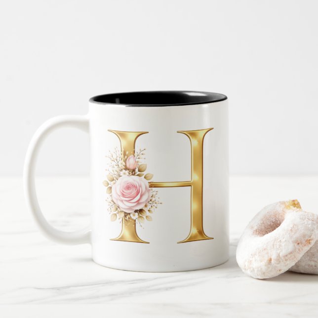 Elegant Letter H Floral Monogram Zweifarbige Tasse (Mit Donut)