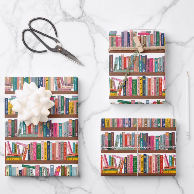 Elegant Library Bookshelf Pattern Wrapping Paper Geschenkpapier Set (Vorderseite)
