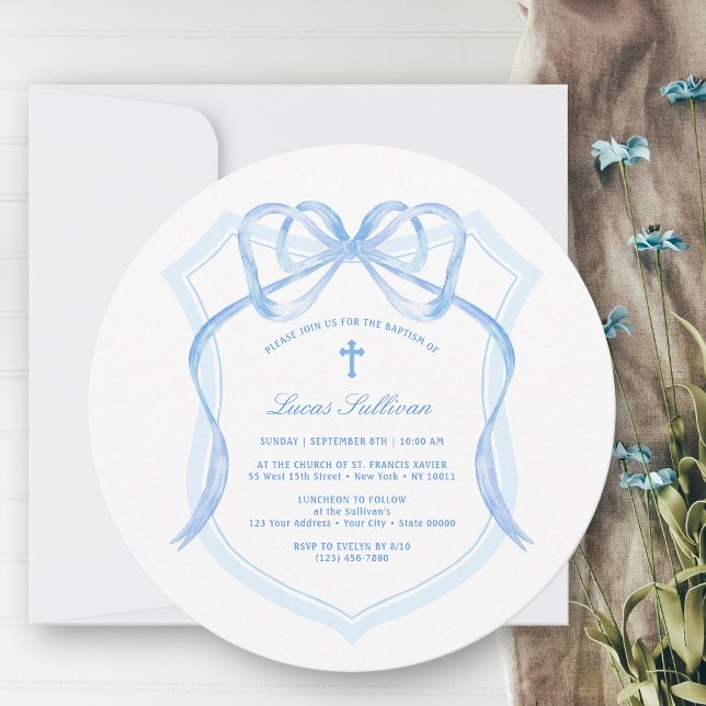 Elegant Light Blue Bow Wappen Taufe Einladung (Von Creator hochgeladen)