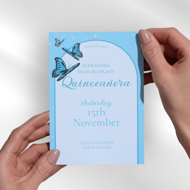 Elegant Light Blue Butterfly Quinceañera - Custom  Einladung (Elegant Light Blue Quinceañera Invitations)