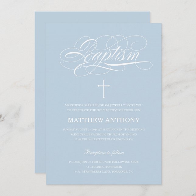 Elegant Light Blue Calligraphy Baptisse Einladung (Vorne/Hinten)
