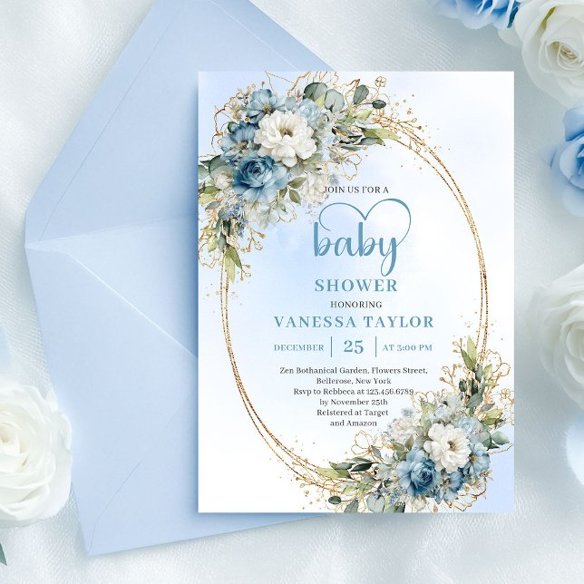 Elegant Light Blue Floral Eucalyptus Gold Shower  Einladung (Elegant Light Blue Floral Eucalyptus Gold Shower Card

)