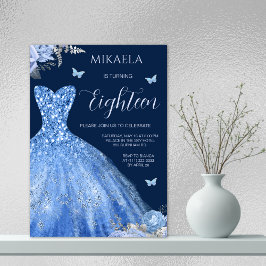 Elegant Light Blue Gown Floral 18. Geburtstag Einladung
