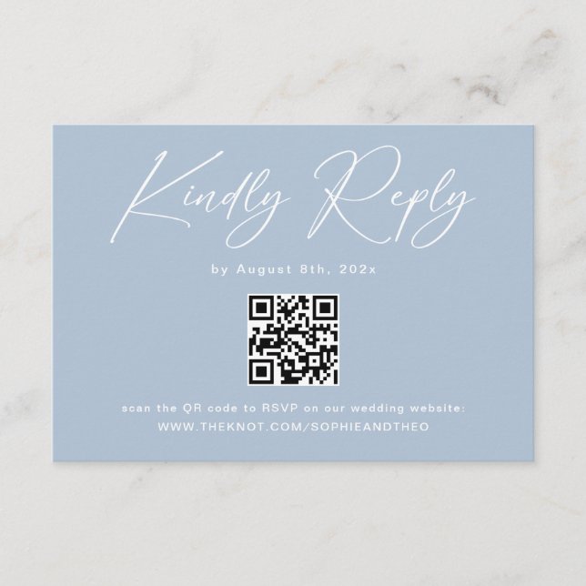 Elegant Light Blue QR Code Wedding RSVP Begleitkarte (Vorderseite)
