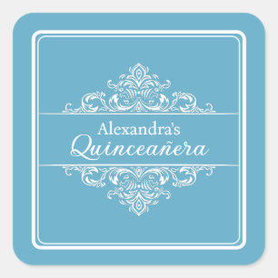 Elegant Light Blue Quinceañera Birthday Gefallen Quadratischer Aufkleber