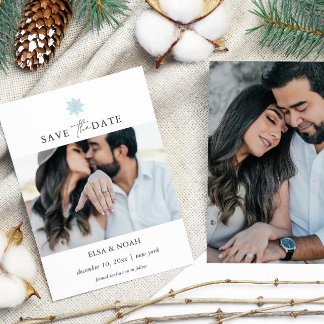 Elegant Light Blue Snowflake Zwei Fotos Hochzeit Save The Date (Von Creator hochgeladen)