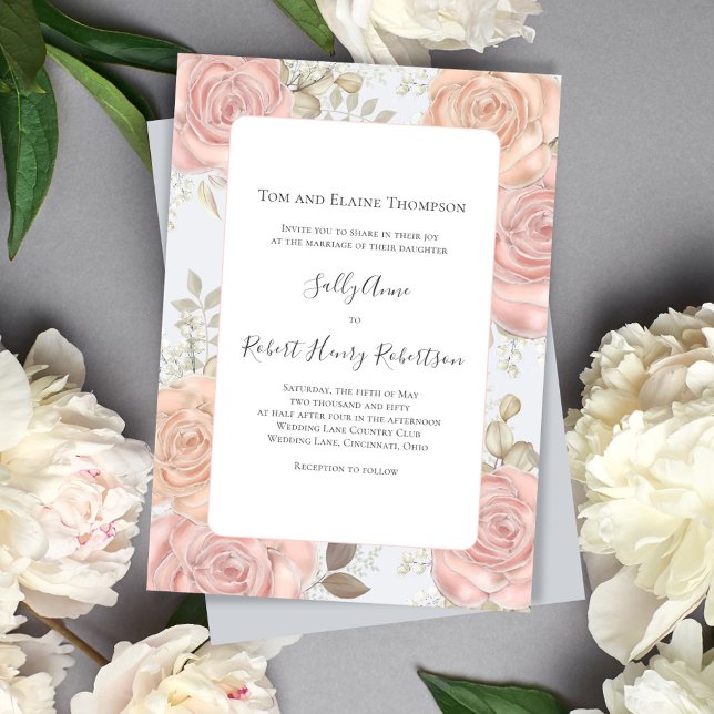 Elegant Light Blue Wedding Blush Pink Floral Einladung (Beautiful light blue and blush pink floral wedding invitation template.)