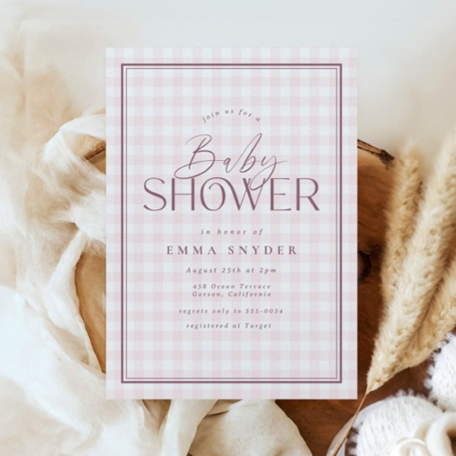 Elegant Light Pink White Gingham Girl Baby Shower Einladung (Von Creator hochgeladen)