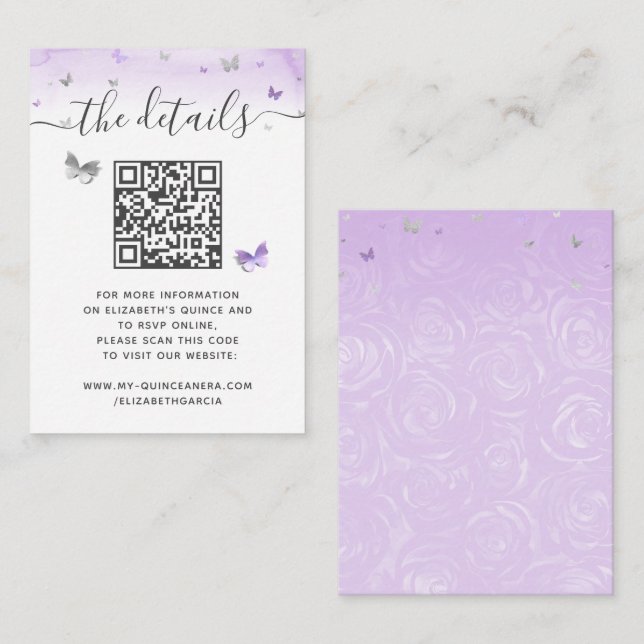 Elegant Light Purple Silver Butterfly RSVP QR Code Begleitkarte (Vorne/Hinten)