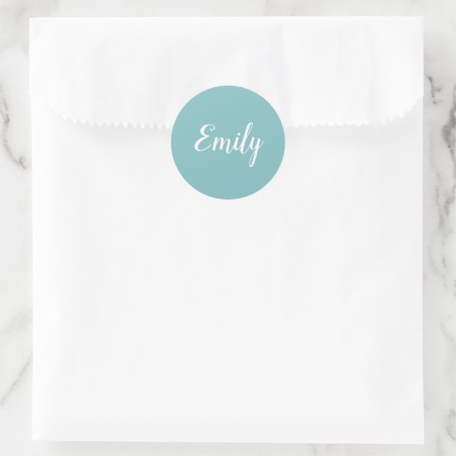 Elegant Light Turquoise Blue Script Cursive Name Runder Aufkleber (Tasche)