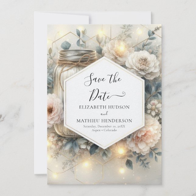 Elegant Lights Mason Jar Wedding Save The Date (Vorderseite)