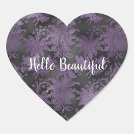 Elegant Lila Black Floral Herz-Aufkleber