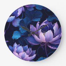 Elegant Lila Blue Lotus Dark Wall Clock