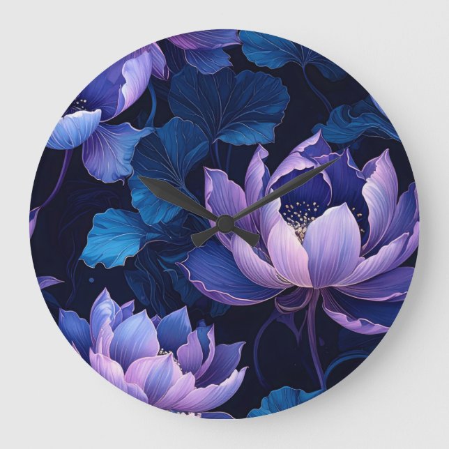 Elegant Lila Blue Lotus Dark Wall Clock Große Wanduhr (Vorderseite)