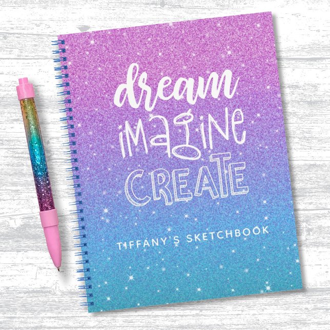 .Elegant Lila Blue Ombre Glitzer Sketchbook Notizbuch (A cute purple and blue glitter sketchbook with the words dream imagine create. Personalize it.)