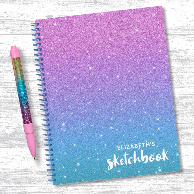 Elegant Lila Blue Ombre Glitzer Sketchbook Notizbuch (A cute pupuple and blue glitter sketchbook. Personalize it with your name.)
