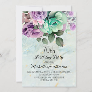 Elegant lila Blumiges Mintgrün 70. Geburtstag Einladung