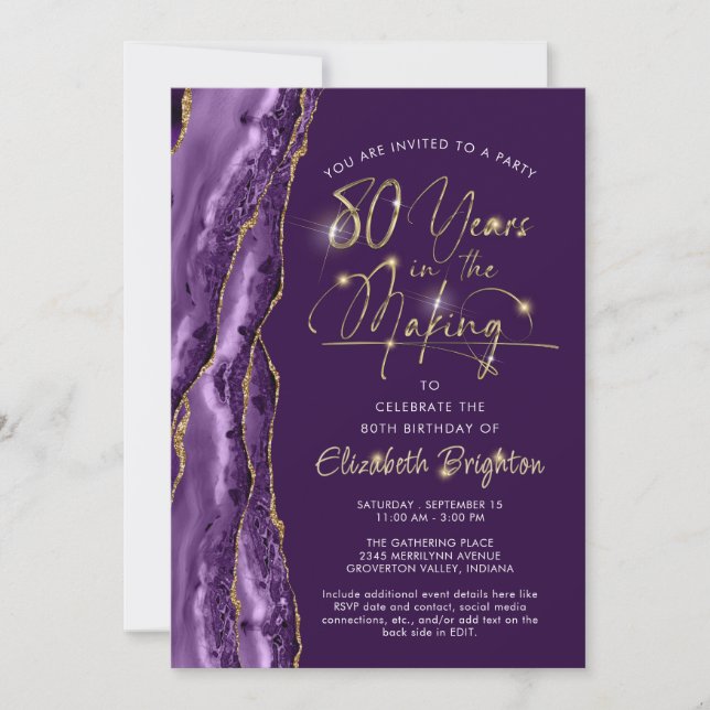 Elegant Lila Gold Agate Script 80. Geburtstag Einladung (Vorderseite)