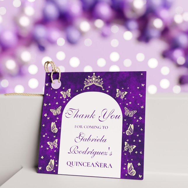 Elegant Lila Gold Butterfly Mis Quince Vielen Dank Geschenkanhänger (Elegant Purple Gold Butterfly Mis Quince Thank You Favor Tags)