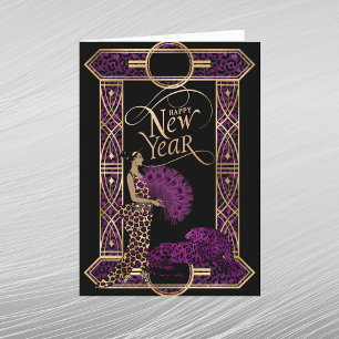 Elegant Lila Gold Leopard Lady Art Deco Neujahr Feiertagskarte