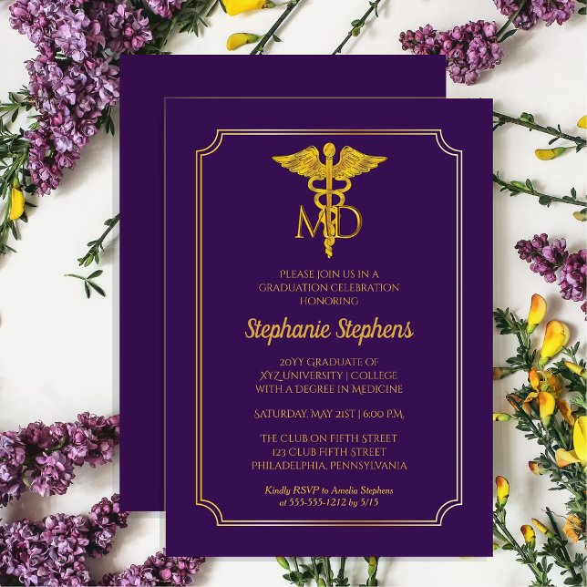 Elegant Lila| Gold MD Ärztliche Graduiertengruppe Einladung (Elegant Purple and Gold Tone MD Physician Graduation Non-Photo Announcement and Party Invitation)