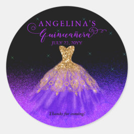 Elegant Lila | Gold Spanish Gown Quinceañera Runder Aufkleber