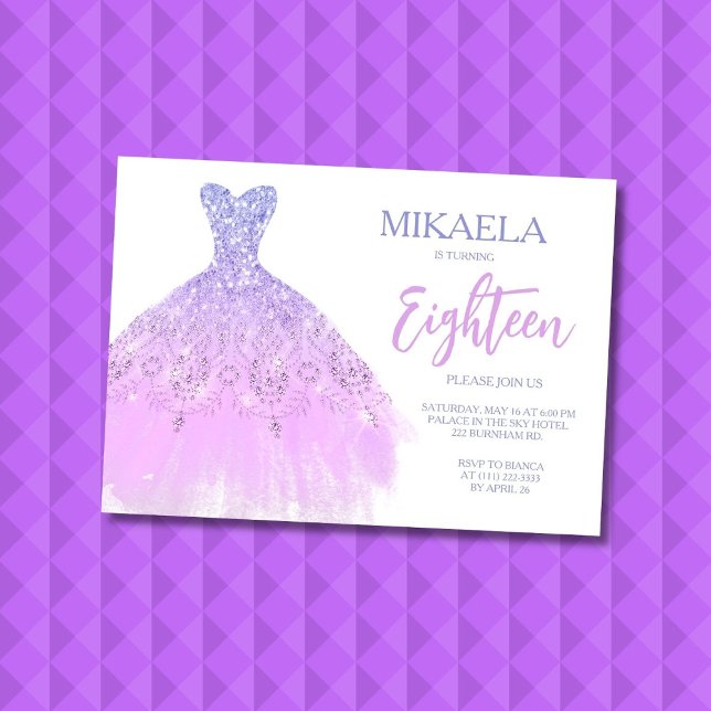 Elegant Lila Gown Glitter 18th Birthday Invitation Einladung (Von Creator hochgeladen)