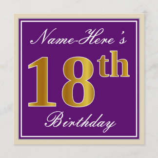 Elegant, Lila, Imitate Gold 18. Geburtstag + Name Einladung