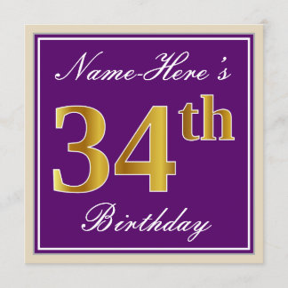 Elegant, Lila, Imitate Gold 34. Geburtstag + Name Einladung
