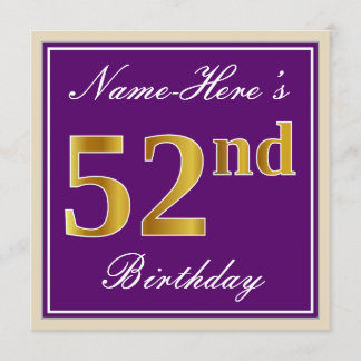 Elegant, Lila, Imitate Gold 52. Geburtstag + Name Einladung