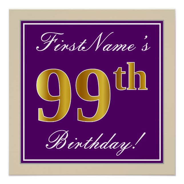 Elegant, Lila, Imitate Gold 99. Geburtstag + Name Poster (Vorderseite)