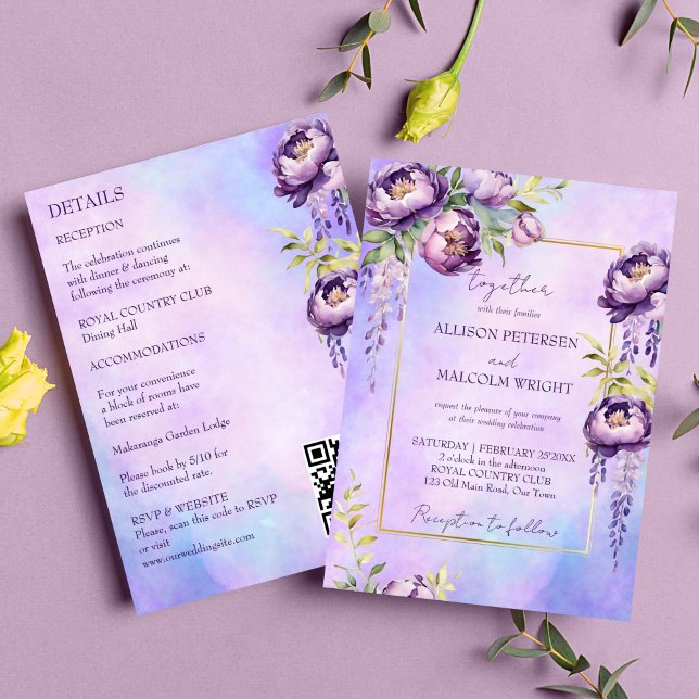 Elegant lila in einer Hochzeitsvorlage Einladung (Elegant purple flowers wedding editable template invitation digital download lilac peonies wisteria )
